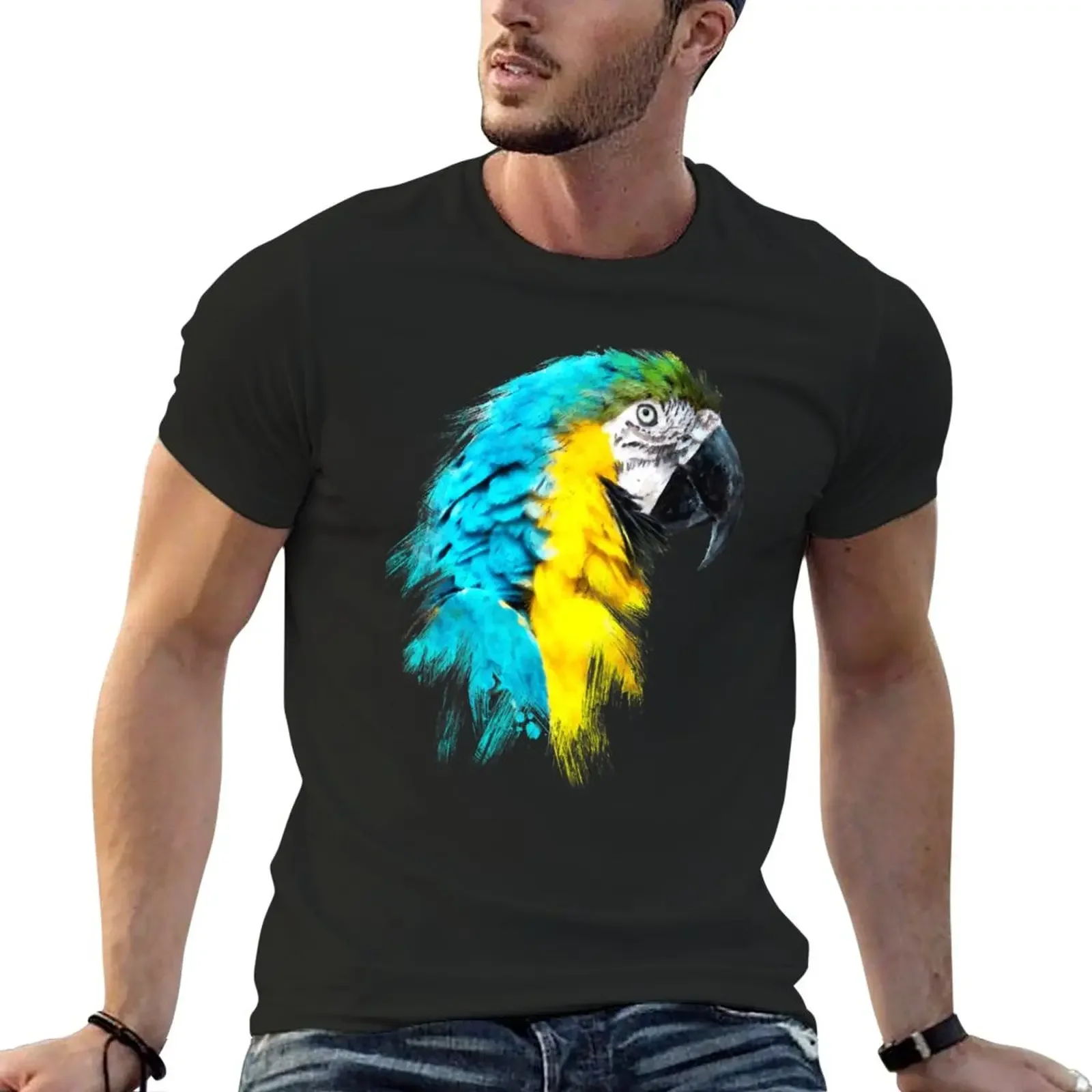 tees summer tops fitted t shirts for men Dramabite Watercolour blue yellow macaw parrot T-Shirt  Summer vintage canime clothes