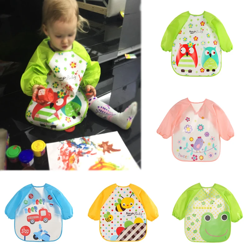 3PCS/LOTCute Cartoon Animals Baby Bibs Waterproof Colorful Children Bib Full Sleeve Bibs Children Apron Long Sleeve Feeding Bibs