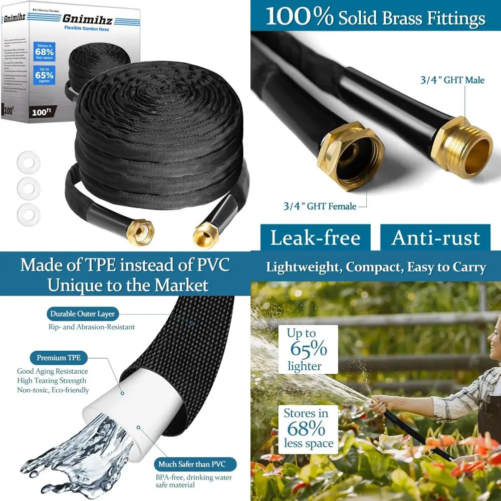 

100ft TPE Water Hose - Ultra-Light, Flexible with Solid Brass Fittings, Non-Shrinking, Easy Storage for Garden Use