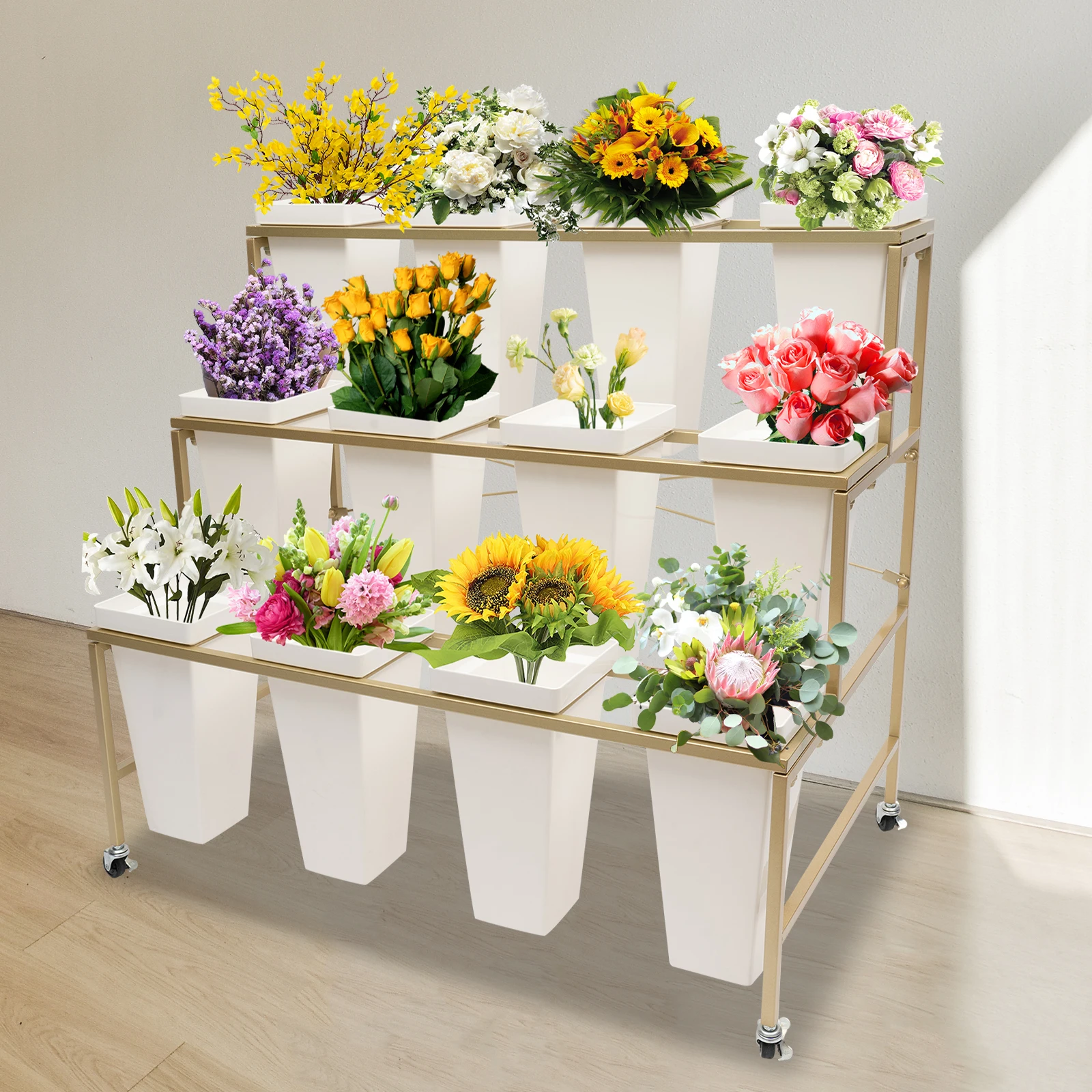 Moving Flower Display Stand w/ 12pcs Buckets, 3 Layers Heavy Duty Metal Garden Cart Display Flower Shelf w/ Wheels