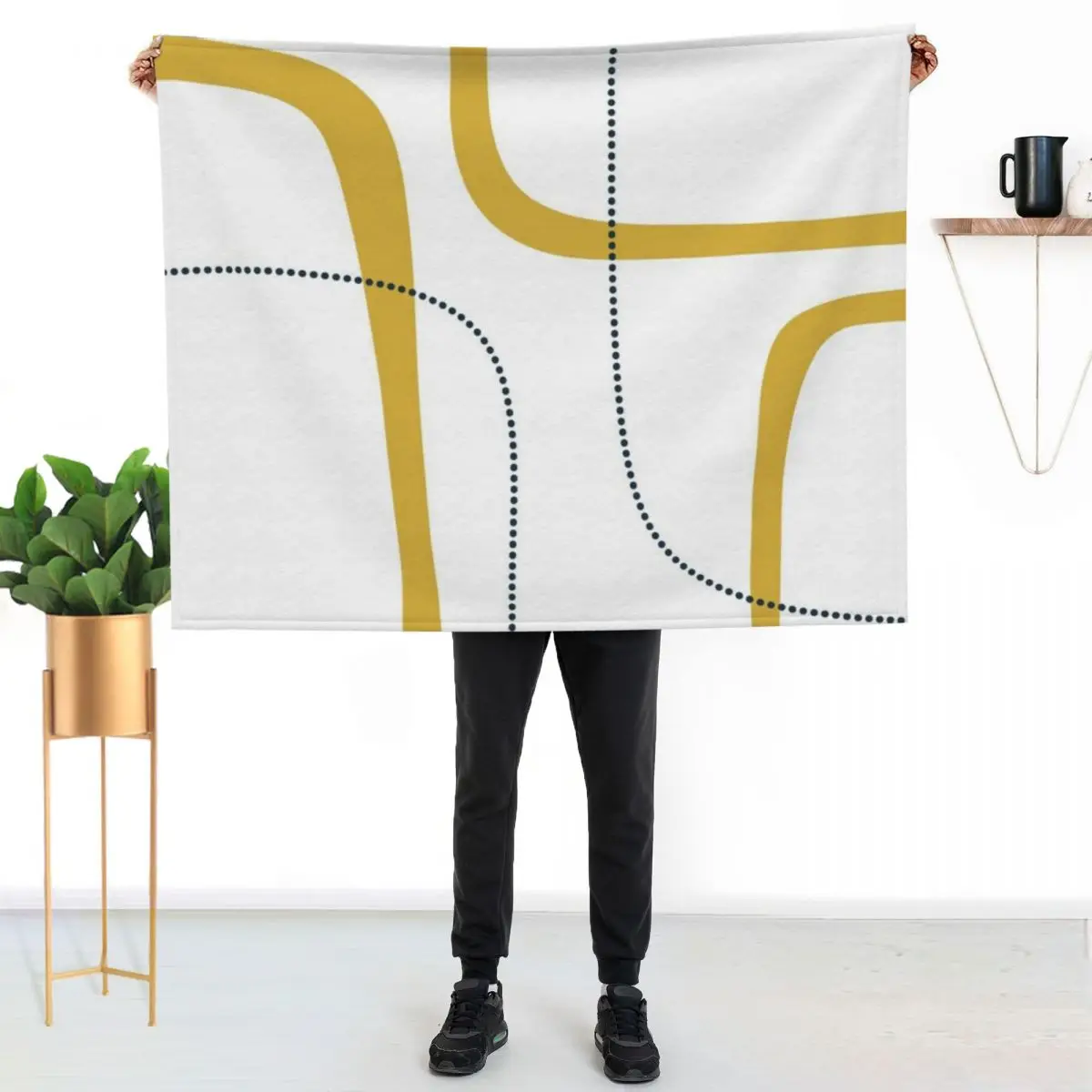 Midcentury Modern Mustard Loops Minimalist Pattern with Navy Blue Dots on White Throw Blanket