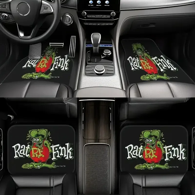 

4pcs-Rat Fink Classic Style Car Floor Mats, Material, Universal Fit For Various Vehicles, Fun Design, Full Coverage Print- Perfe