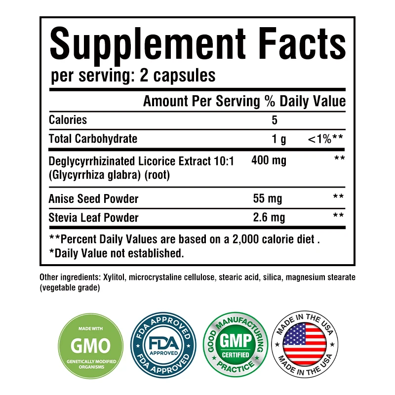 DGL Licorice-Suplemento Cápsula Raiz Ultra Pure, Fórmula Natural Refluxo Ácido