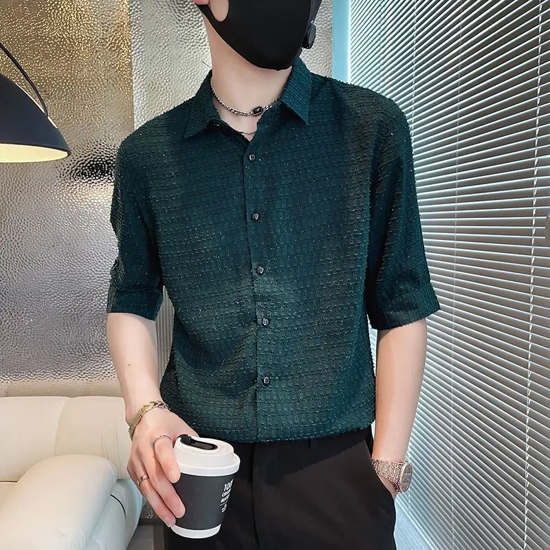 

Fashion Lapel Solid Color Button Korean Shirt Men's Clothing 2023 Summer New Loose Casual Tops Half Sleeve All-match Shirts