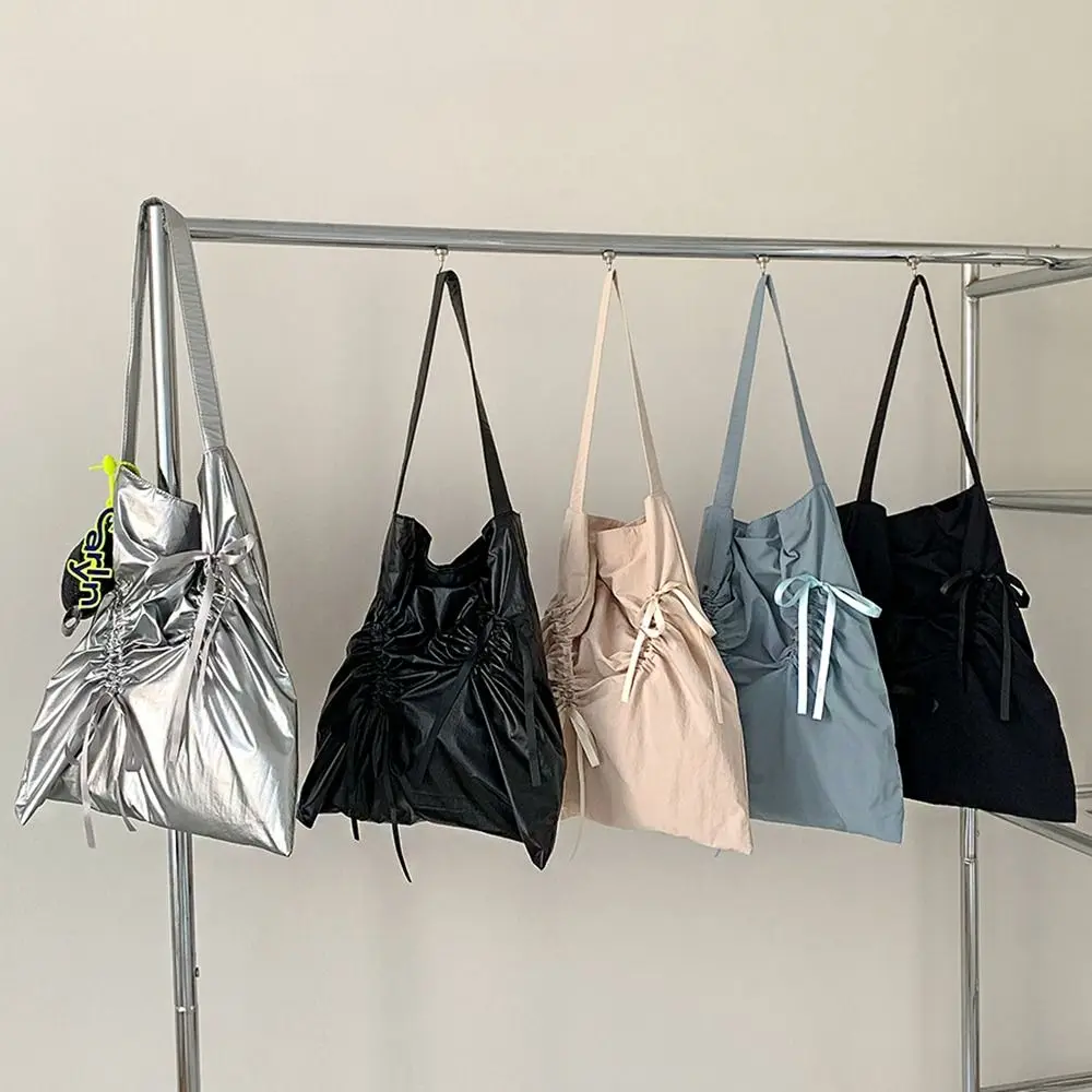 Koreanischen Stil Bogen Kordelzug Tasche Bowknot Falten Nylon Geraffte Schulter Tasche Einfarbig Nische Design Silber Einkaufstasche Outdoor