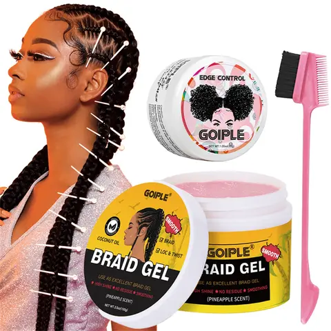 GOIPLE Extreme Hold Braid Gel-Styling Hair Wax for Cornrows, Locs, Twists and Fashionable Braids & Edge Control Gel & Brush 3pcs