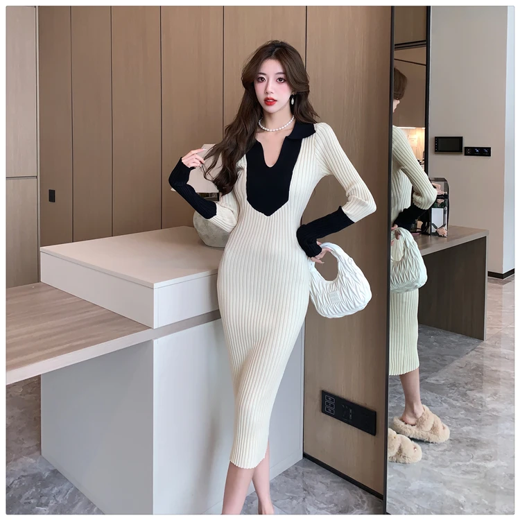 Real price autumn/winter V-neck woolen dress design with contrasting color, slim fit, mid length bottom knit dress