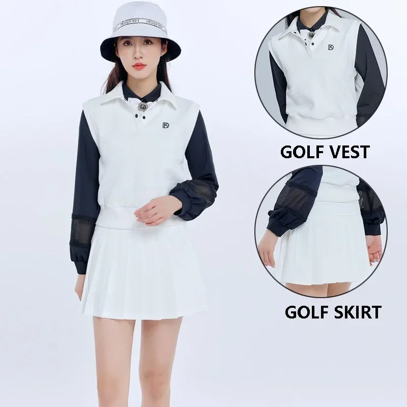 DK Ladies A-Lined Pleated Golf Skirt Slim High-waist Culottes Autumn Warm Turn Down Collar Vest Sleeveless Casual Shirt S-XXL