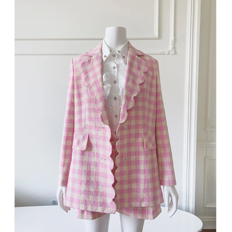 

2023 Fashion Design Autumn Spring Women Jacket Polo Collar Wave Hem Jumpsuit Pleated Shorts Pink Plaid Women's Suit Coat