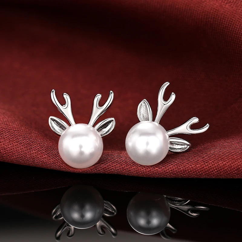 Huitan Graceful Simulated Pearl Stud Earrings Lady Delicate Silver Color Elk Antlers Jewelry Elegant Christmas Accessories Gift