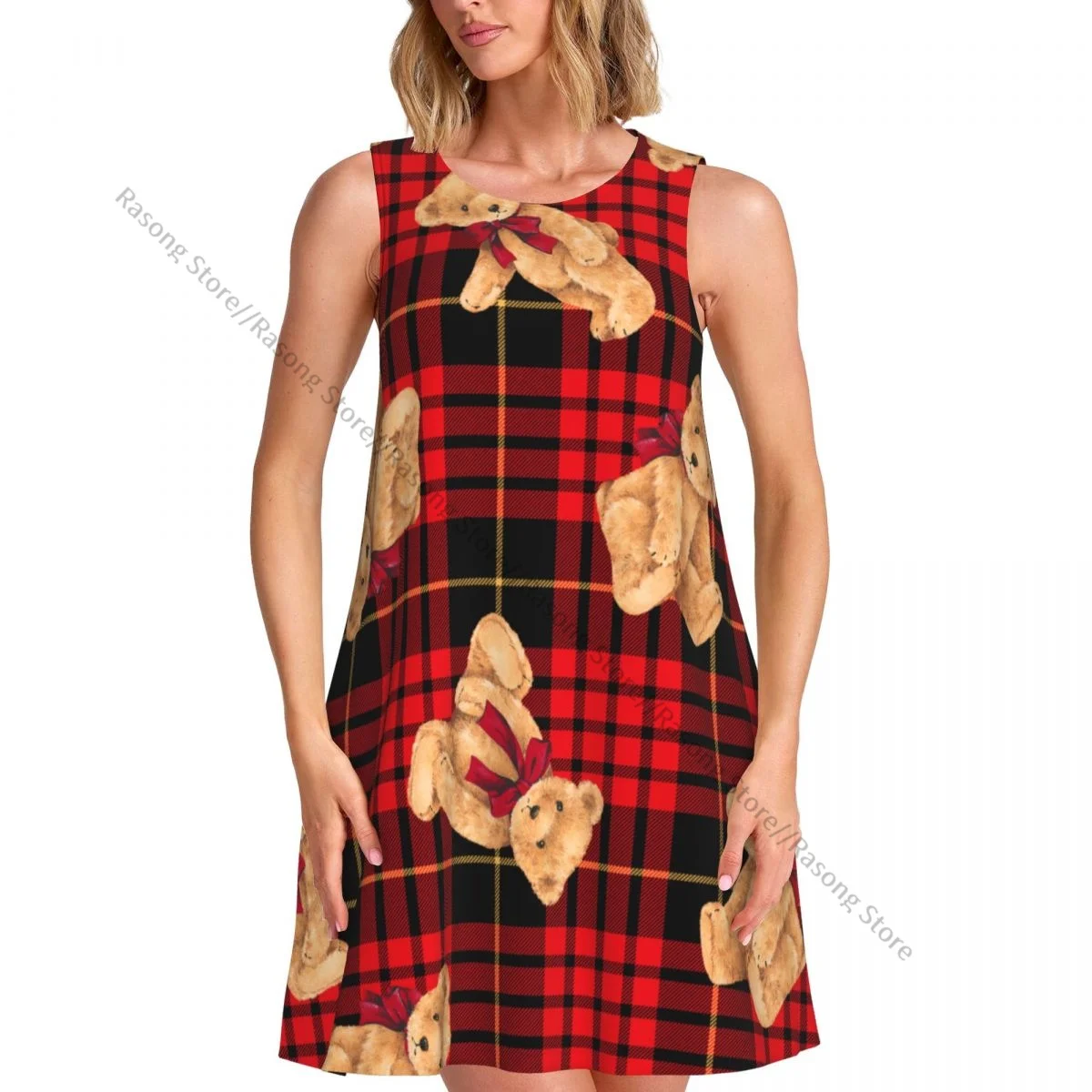 Vestido de mujer, camiseta informal de verano, vestidos de playa, vestido sin mangas a cuadros con oso divertido