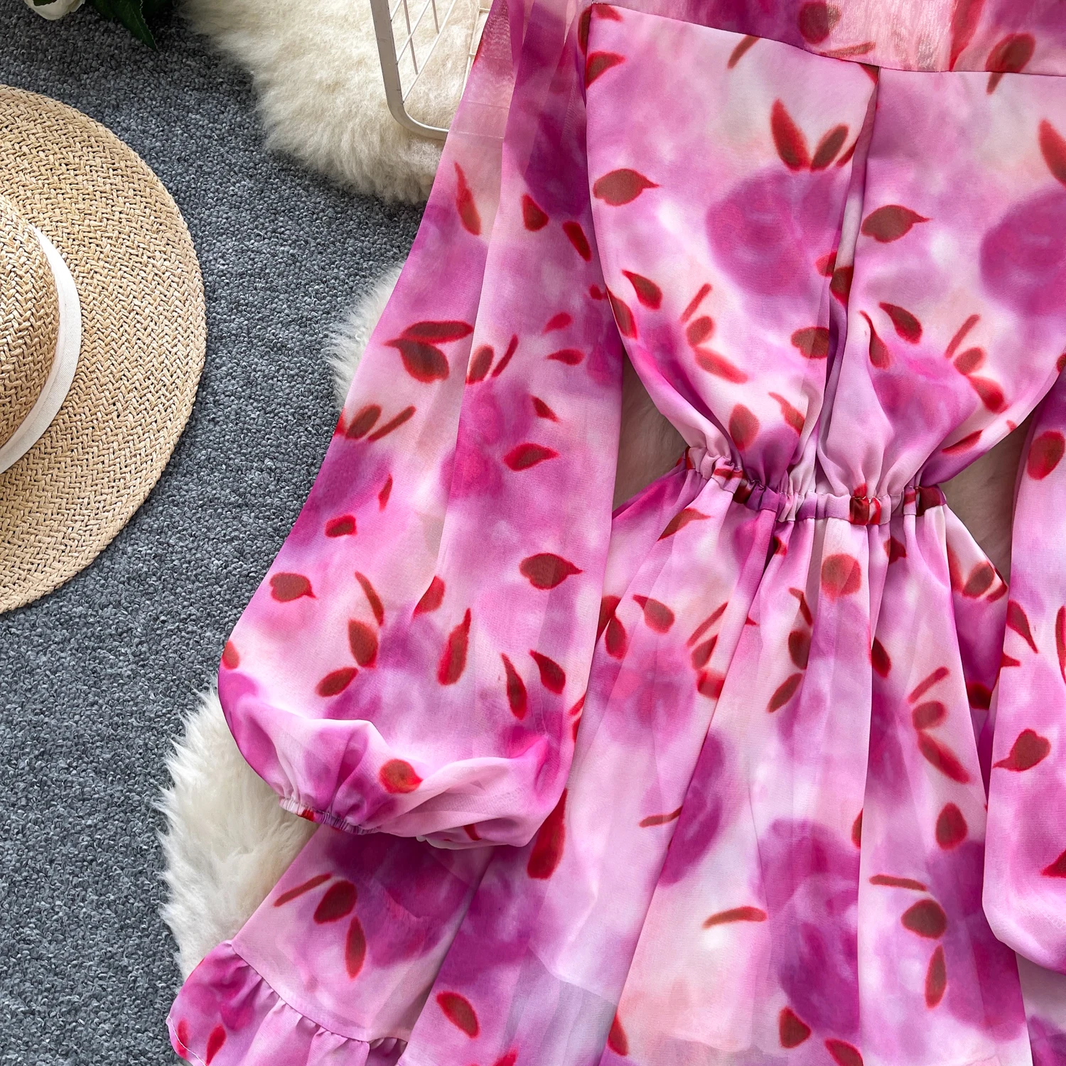 Chic vintage V-neck Ruched print slim Elegant Fairy korean fashion Boho Sundress women clothing mini dress