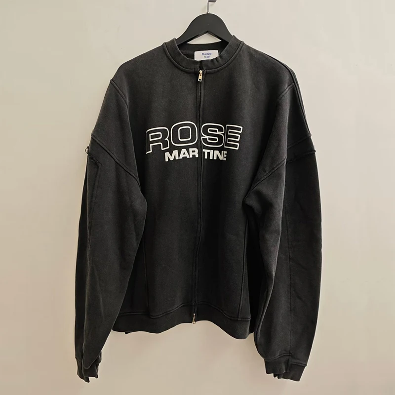 

Hip Hop Vintage Washed Black Patchwork Splicing MARTINE ROSE Baseball Jacket Men Women Cotton Classic Letters Logo Zipper Coat