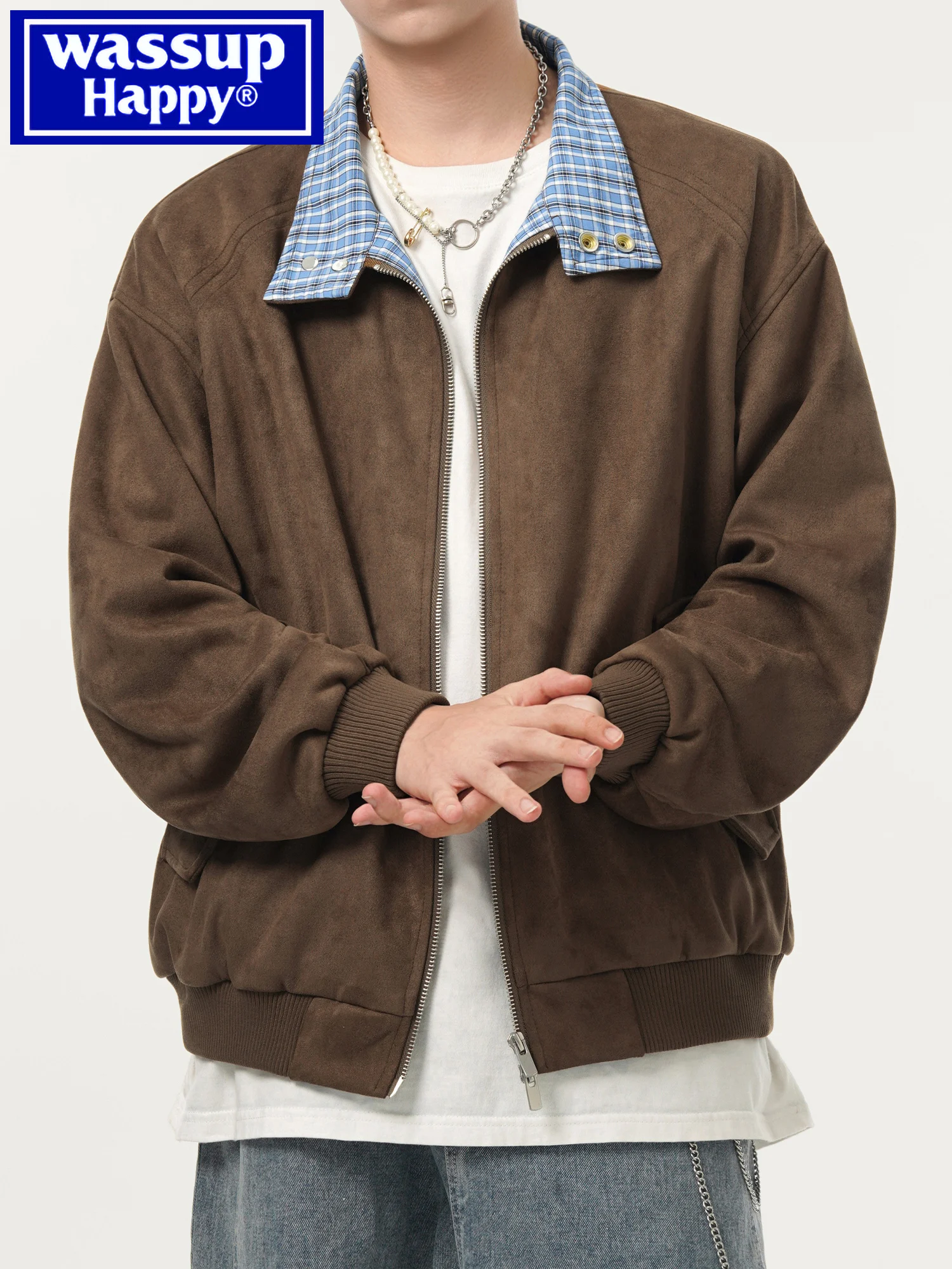 

Wassup Happy Мужская замшевая куртка с повседневным воротником в клетку для пар, осень-зима, американский ретро Sle, длинное волокно из полиэстера, свеча Z...