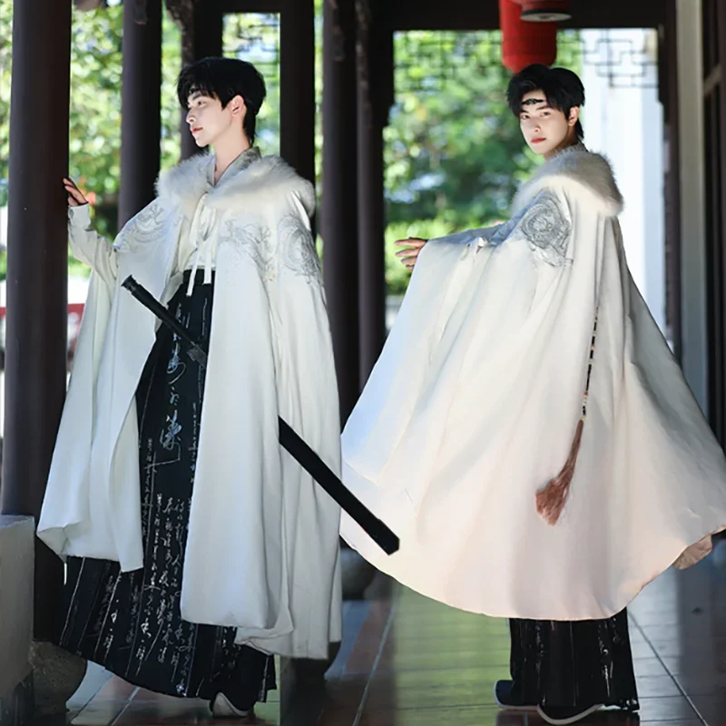 

Winter Warm Men`s Hanfu Cloak Chinese Traditional Embroidery White Cape Male Christmas Cos Costume Thick Hanfu Clack For Men
