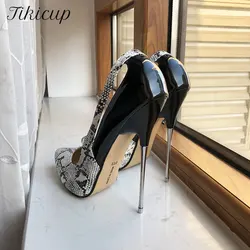 Tikicup Snake Pattern Women Patchwork 16cm Extremely High Heels Plus Size 35-46 Pointed Toe Metal Stilettos Crossdressing Shoes