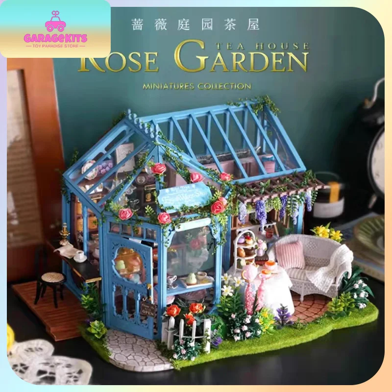 Casa de chá para jardim de rosas, modelo de montagem de madeira, cena em miniatura artesanal, casa de arte vintage, brinquedos educativos colecionáveis
