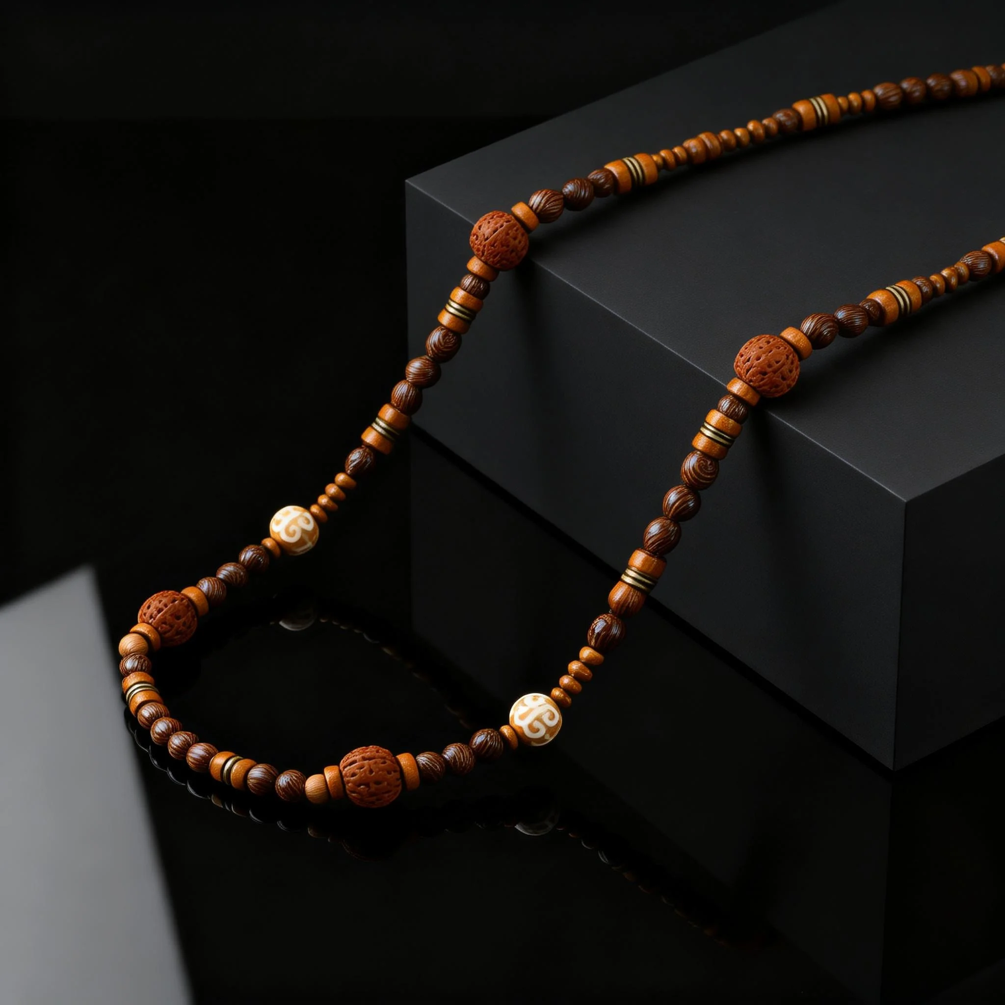 Fashion Walnut Wood Bead Necklace for Men, Adjustable Handmade Long Chain Stackable Necklace, Bohemian Jewelry Accessories - view 2