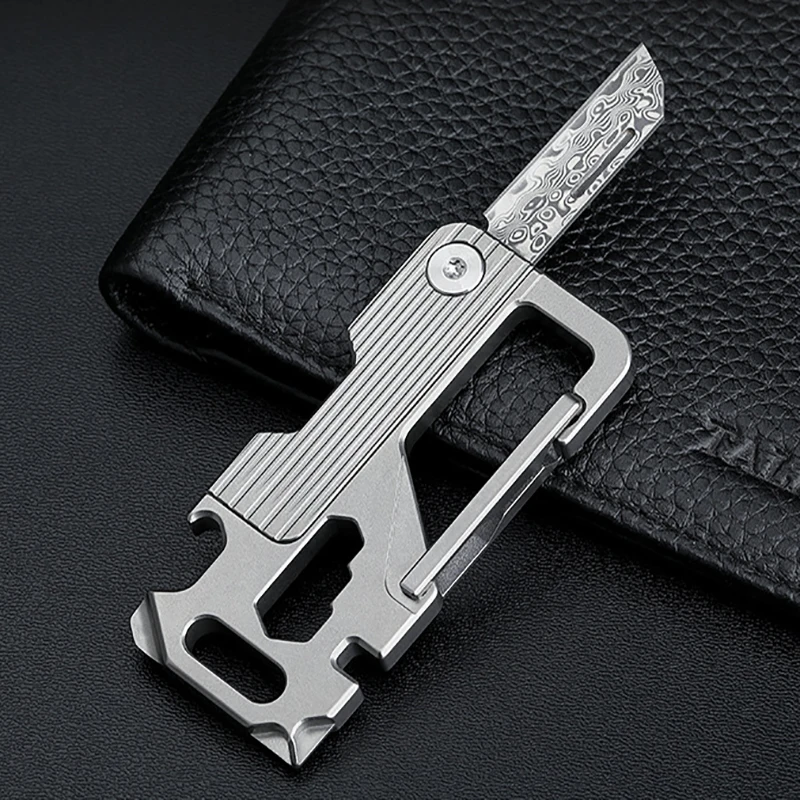 Titanium Alloy Keychain with Damascus Steel Knife, Screwdriver: Multifunctional EDC Outdoor Portable Tool