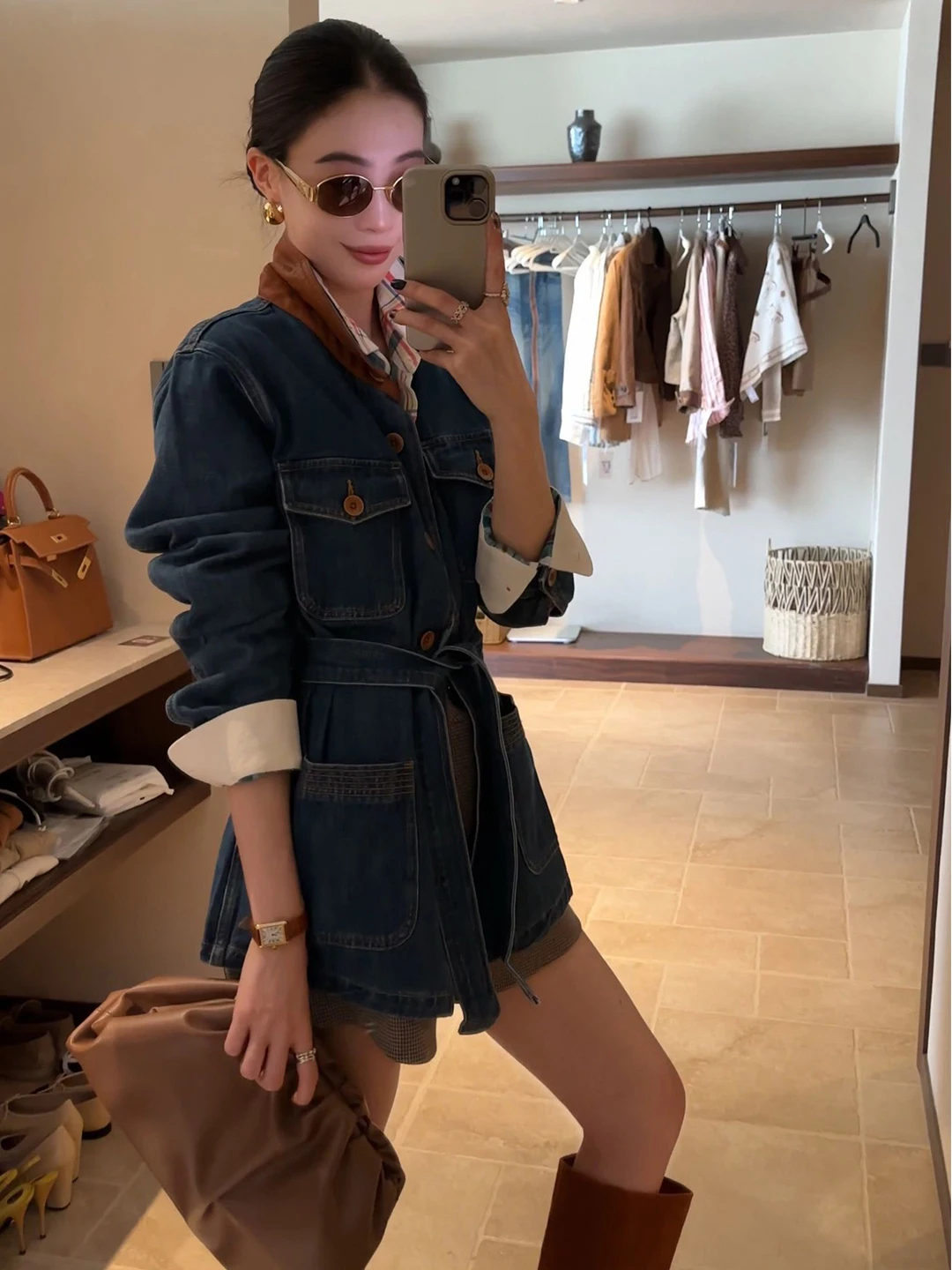 Retro Denim Jacket Women's Autumn 2026 New Unique Beautiful High-End Belted Waist Cinched Midi Length Jacket Moneyed Style