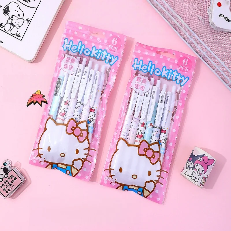 

6 Pcs/Set Sanrio Hello Kitty Limited Quality Gel Pen Cartoon 0.5mm Black Quick Dry Pen Learning Office Stationery