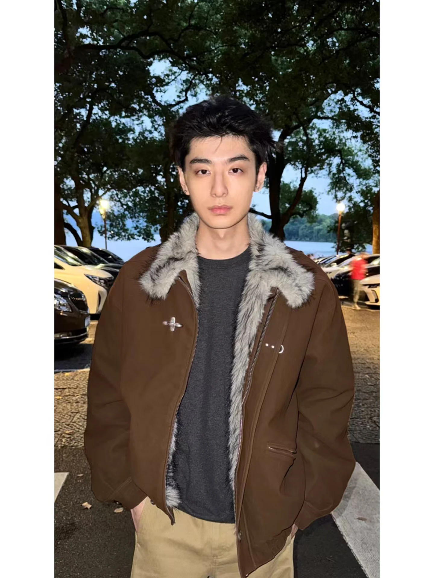 Men's Thickened Retro American Style Jacket Coat with Fake  Fur Collar And Zipper  Mountain Eagle Design Winter Cott...