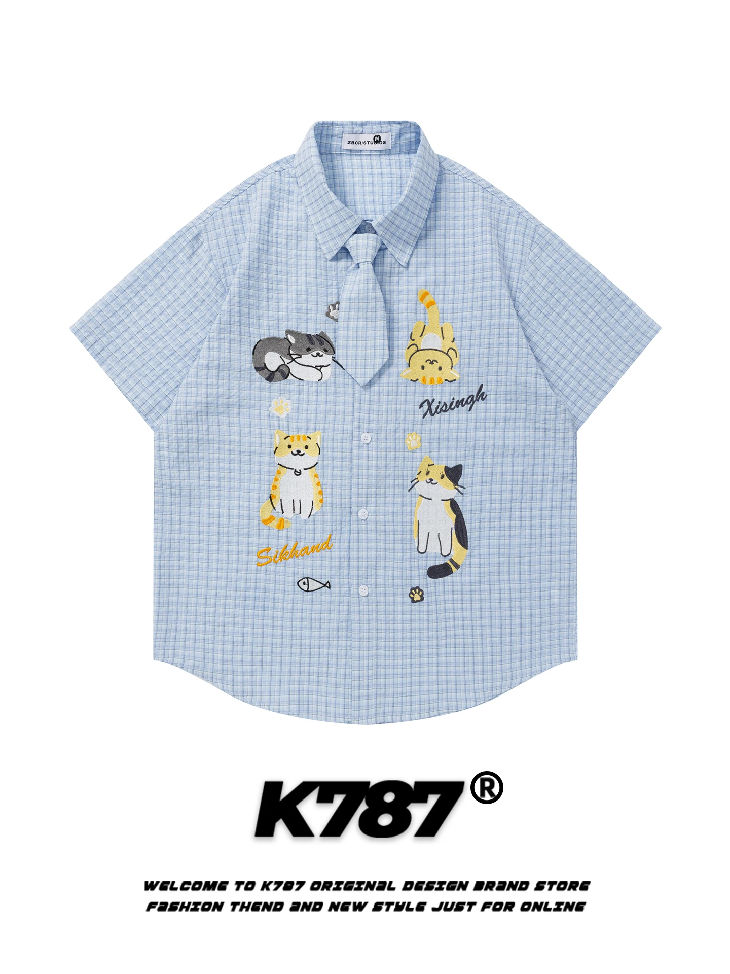 

K787 Japanese Sle Casual Cute Embroidery ort Sve irt Men's Tie Plaid Loose Casual irt Upper Apparel