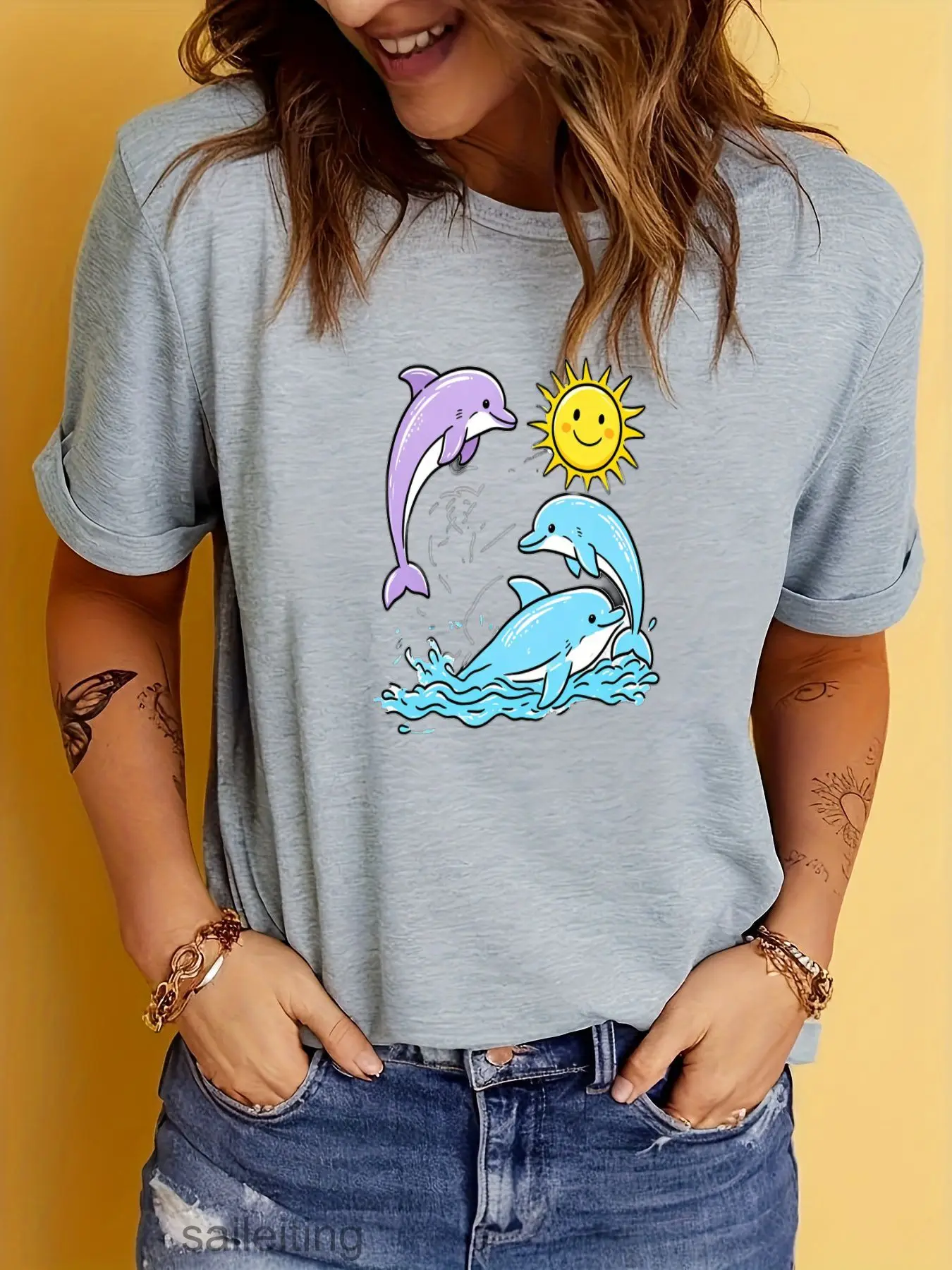 Dolphin Sun Cartoon T-Shirt Women Men Summer Short Sleeve Casual Tee Funny Blue Purple Waves Graphic Top for Family Beach Vac