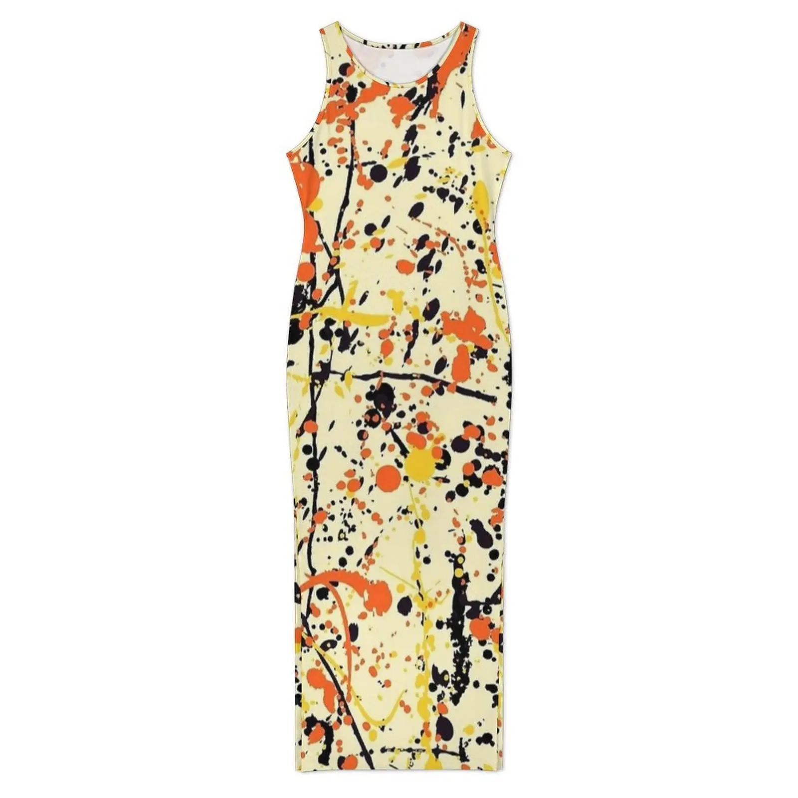 Vintage Orange Splash Print Bodycon Dress Holiday Elegant Maxi Dresses Women Sleeveless Design Aesthetic Dress Large Size 4XL