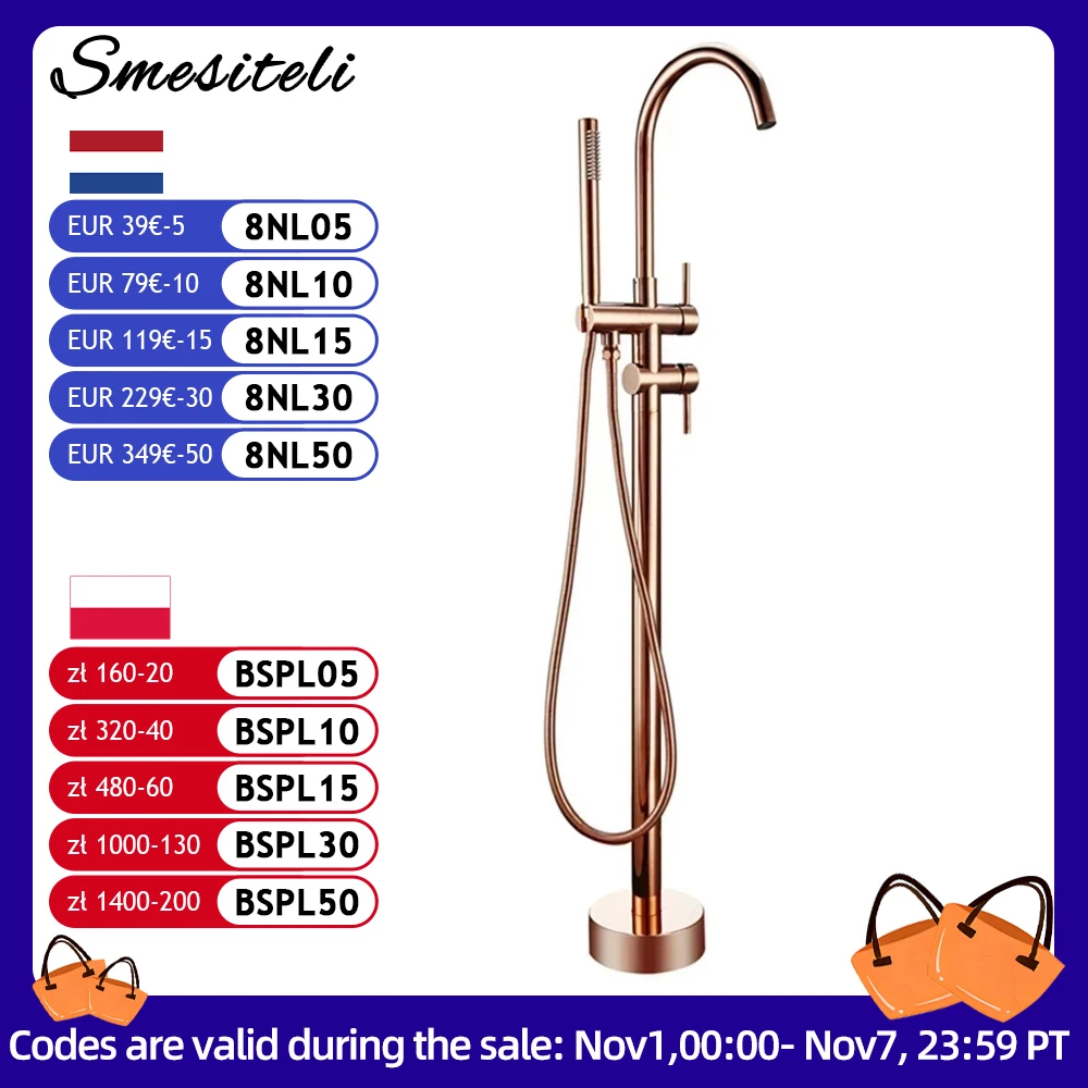 Freestanding Bathtub Faucet Bathroom Tub Shower Diverter Floor Mounted Mixer Tap Brass Rose Gold for Bath Spout With Handshower