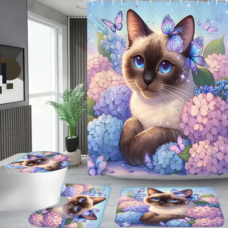 

4 шт. Dream Garden Blue Cat и Butterfly + узор, ванная комната в квартире, комплект занавесок для душа в отеле, с 12 крючками, ванная комната