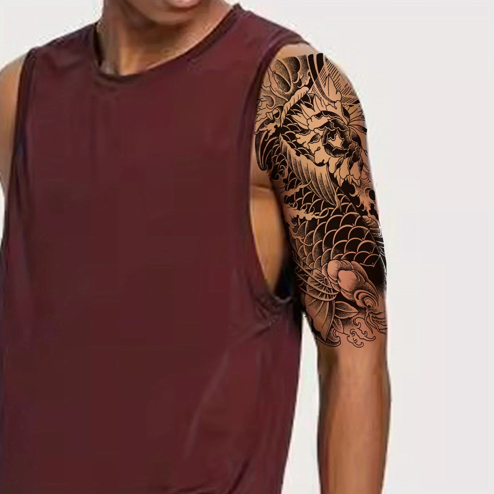1pc Koi Patterned Herbal Tattoo Sticker Symbolizing Lucky Auspicious Koi Tattoo, Waterproof and Durable Temporary Tattoo Sticker