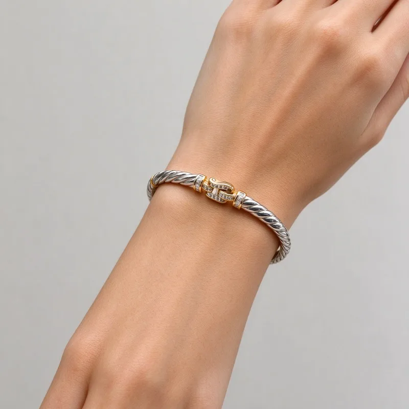 Silver Twisted Cable Bangle Bracelet, Wavy Carved Open Cuff with Gold Plated Hook Clasp and CZ Accents, 6.2mm Cable, 19cm Circumference, Lightweight, Hypoallergenic High Quality Alloy, Durable Polished, Minimalist Daily Jewelry, Gift for Her Birthday