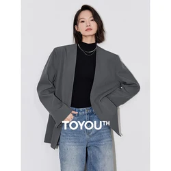 TOYOUTH Women Blazer 2024 Autumn New V Neck Elegant Office Lady Working Wear Jacket With Waistband Gray