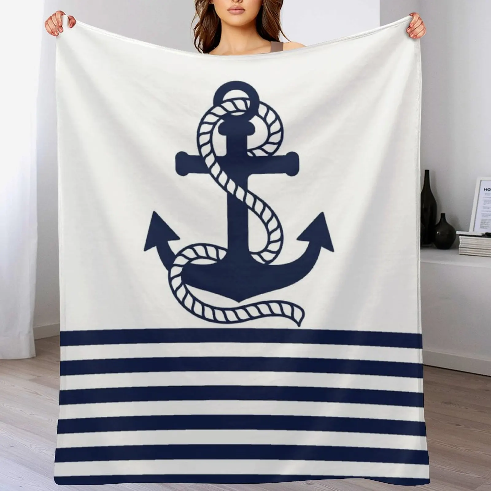 

Nautical Navy Blue Stripes and Blue Anchor Throw Blanket Furry Blankets For Baby Travel Hairys Blankets