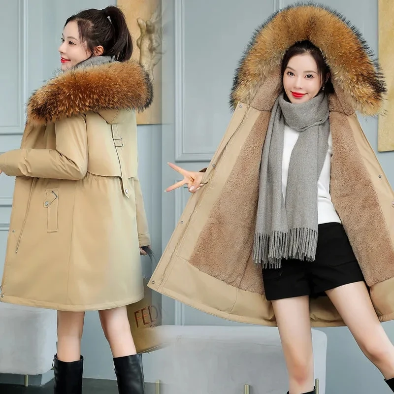 2022ฤดูหนาวสำหรับผู้หญิงใหม่แจ็คเก็ต8XL Slim Long Coat Casual Parkas Big Fur ผ้าขนสัตว์ Hooded Outwear ให้ความอุ่นผ้าฝ้ายเสื้อโค้ทหญิง