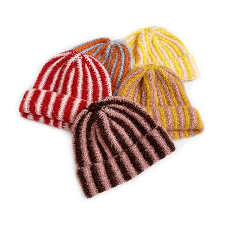 4+ Kids Crochet Hat Children Contrasting Color Stripe Knitted Cap Boy Girl Beanie Fall Winter Multi-color Warm Woolen Hats
