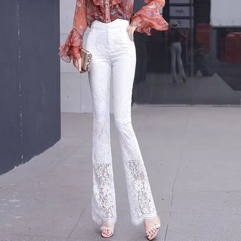 Elegant Vintage Lace Hollow Out Flare Pants for Women 2022 Spring New Office Lady Commuter High Waist Sashes Button Trousers 3XL