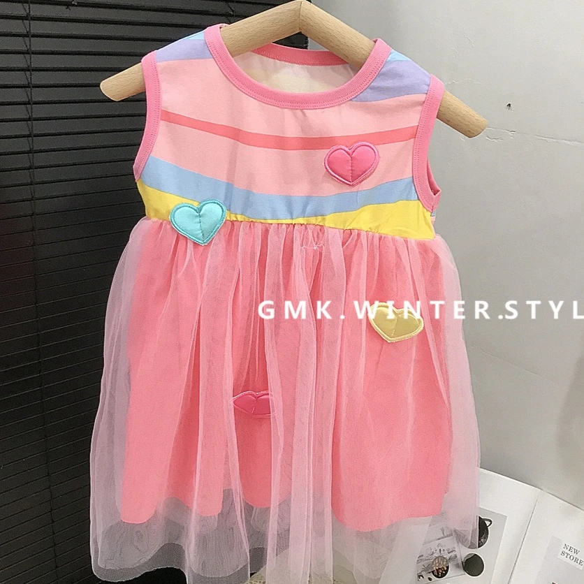 

Girl Skirt 2025 Summer New Children's Clothing Korean Style Girl Baby Fashion Sleeved Splicing Yarn Skirt Casual Simple Daily