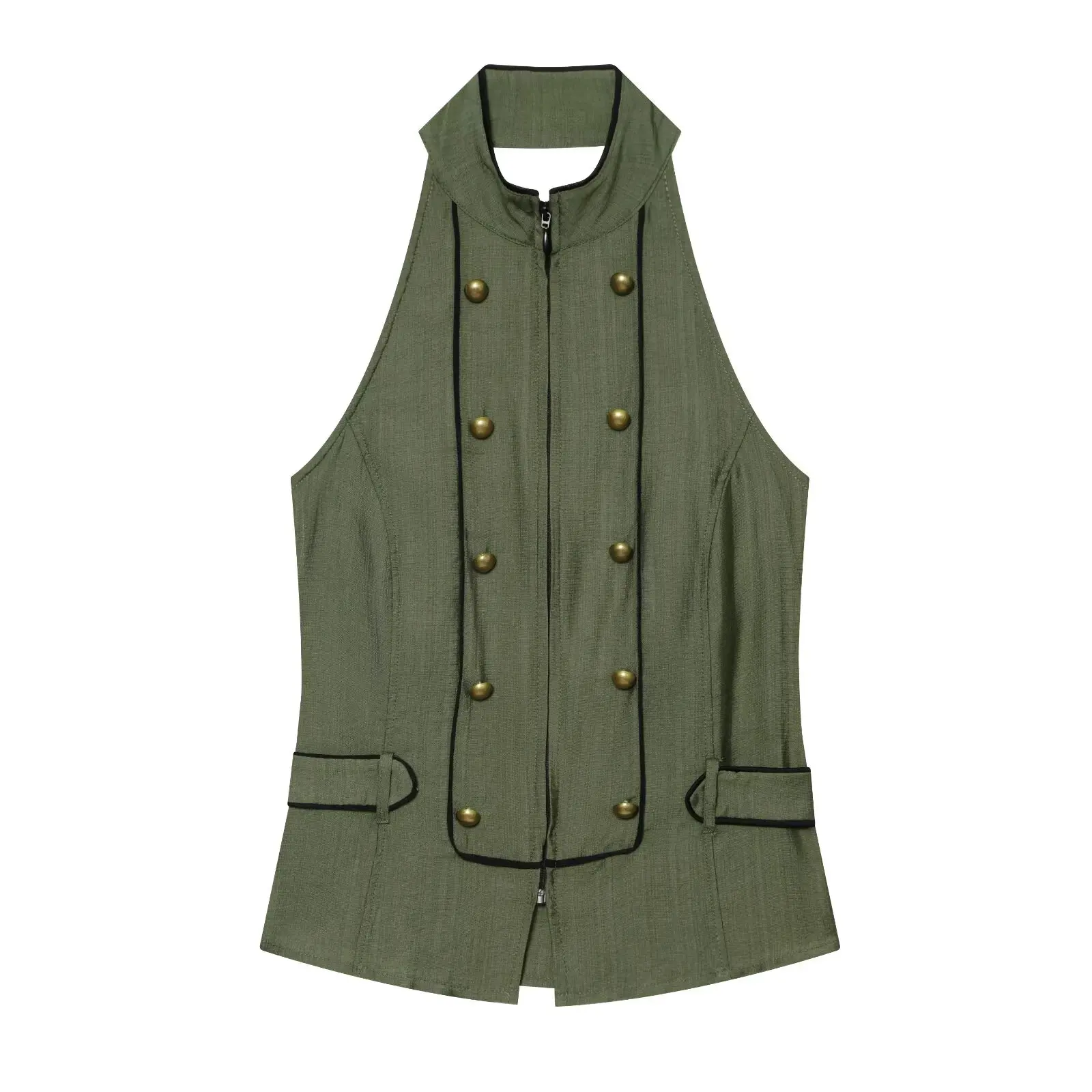 BSAY Women Halter Neck Open Back Waistcoat Double Breasted Sleeveless Stand Collar Zip Front Vest Casual Slim Fit Sleeveless Top
