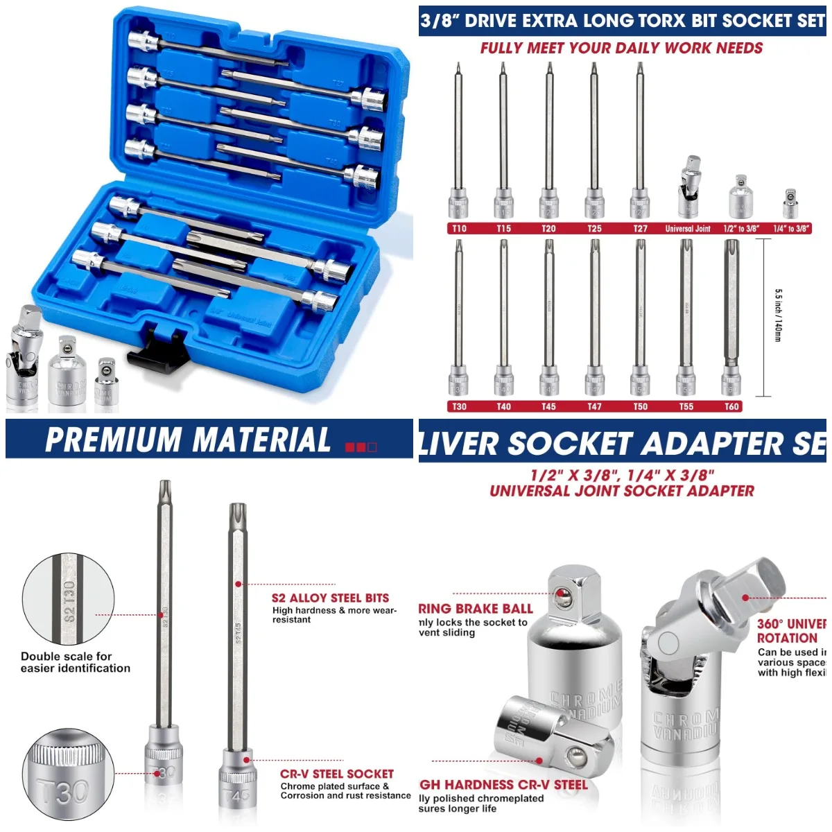 

Набор удлиненных насадок Torx с приводом 3/8 дюйма, 15 предметов, набор насадок Star Bit T10-T60, сталь CR-V и S2