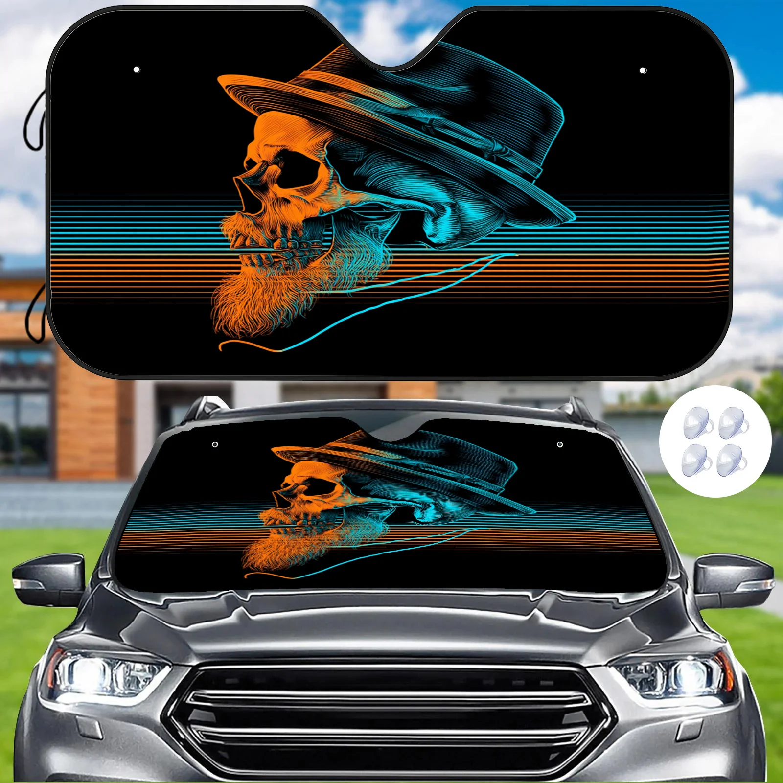 Neon Skull Car Sunshade With 4 Suction Cups - Trendy Cyber Style, Easy Installation & Durable Front Windshield Cover For Enhance