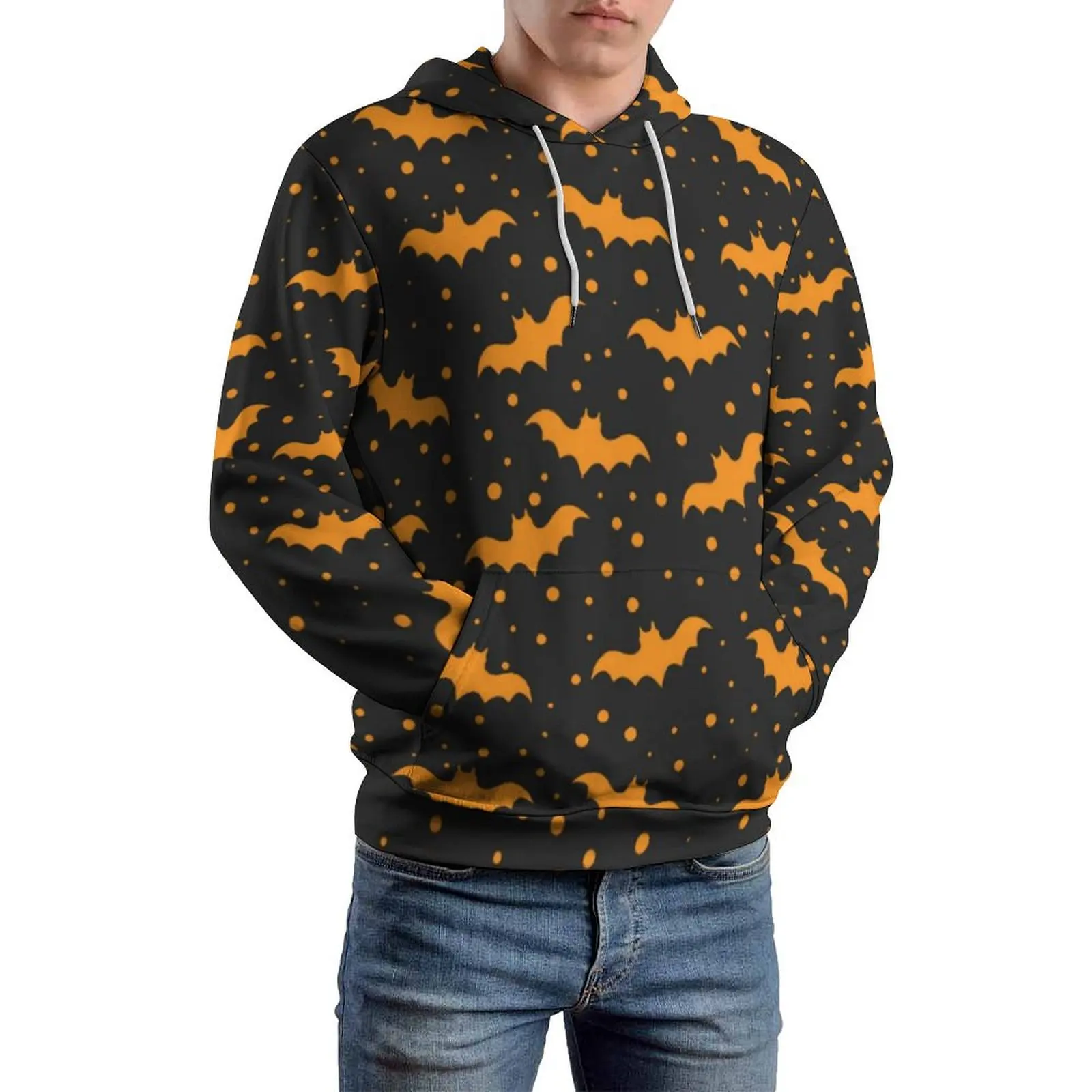 Sudaderas con capucha informales con estampado de murciélagos naranjas, Sudadera con capucha suelta de diseño Y2k de Halloween negro, Tops de gran tamaño de Hip Hop de manga larga de primavera