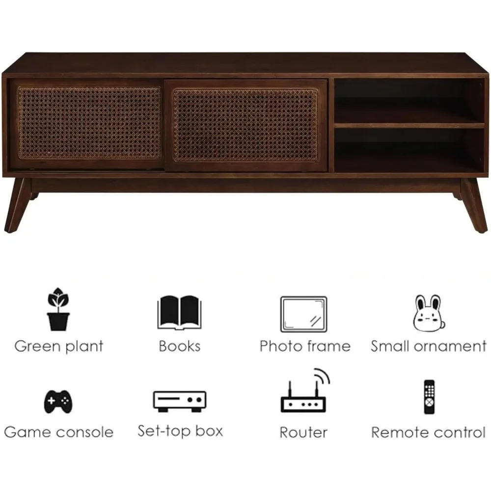 Suporte de TV moderno de meados do século de 59 polegadas com portas de armário de vime, centro de entretenimento Boho para TV de 55/60/65 polegadas, console de mídia