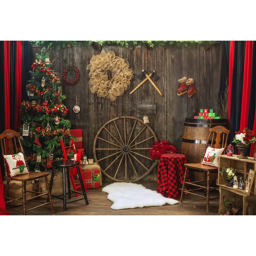 Mehofond Christmas Decoration Backdrop Wooden House Grain Warehouse Wheel Xmas Tree House Portrait Photography Background