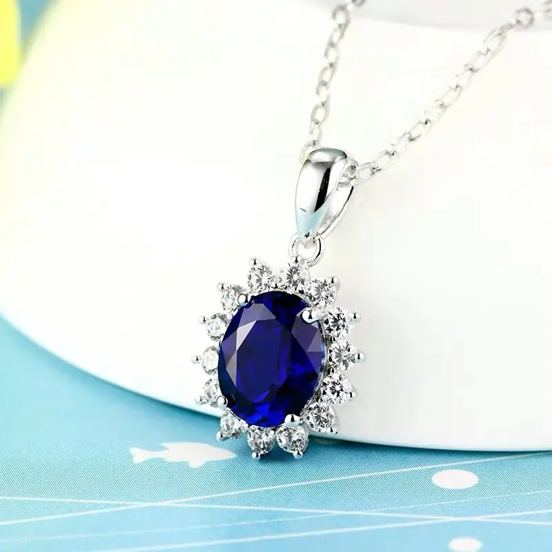 

YANHUI Princess Diana Created Blue Sapphire Tibetan Silver Kate Middleton Crown Pendant Necklace for Women With Box Chain