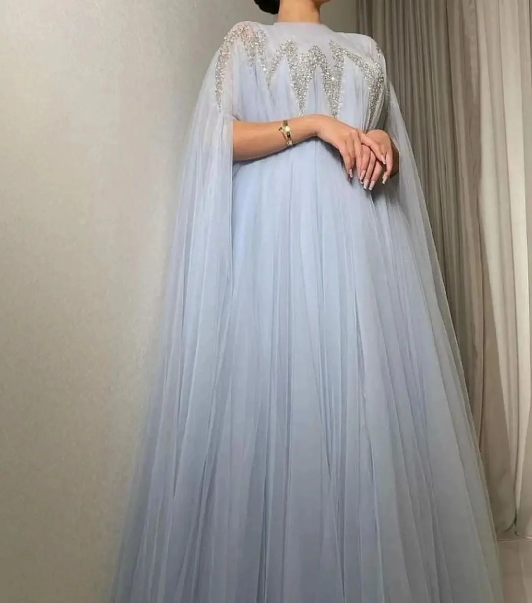 

Vintage Long Sleeves Beadings O-Neck Prom Dresses Pleated Tulle Floor Length Party Dresses vestidos de novia