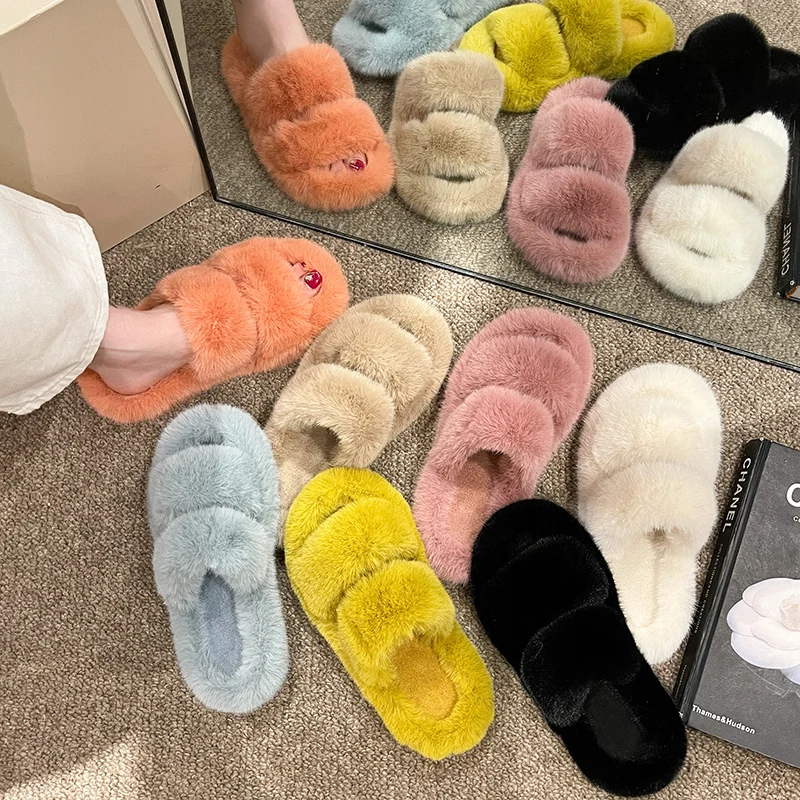 NEW Solid Color Women Winter House Furry Slippers Women Fluffy Fur Home Slides Flat Indoor Floor Shoes Ladies Fashion 2024