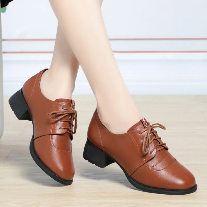 

New Women Soft Leather Soft Flat Female Lace Up Black Brown Cowhide High Heels Non-slip Wear-resistant Soft-soled Shoes