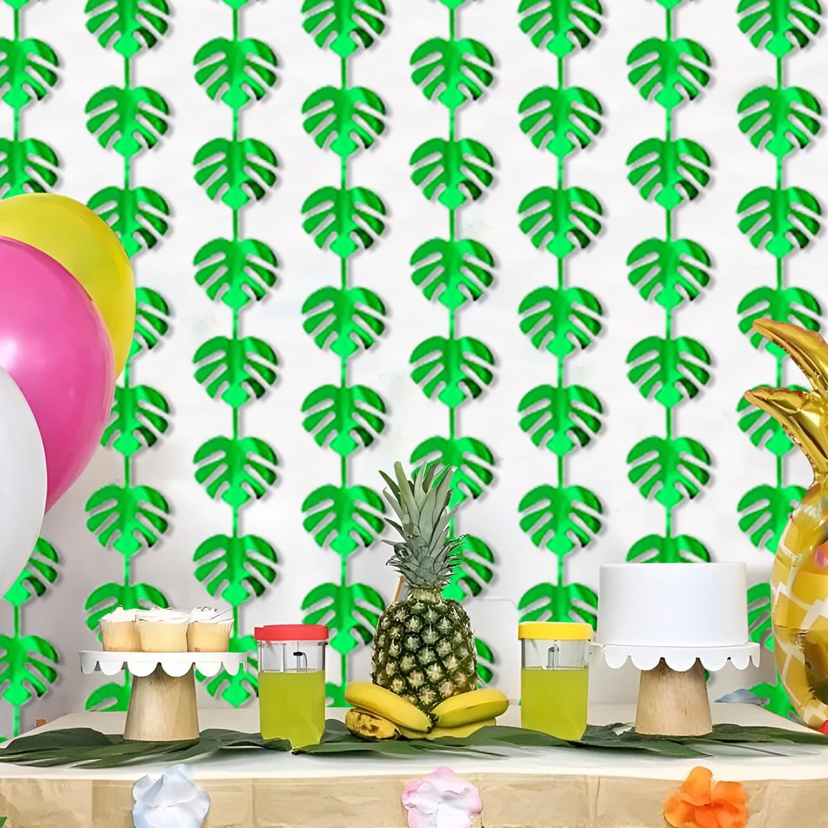 

1X2M Green Tropical Palm Leaves Tinsel Foil Fringe Curtains Hawaiian Party Photo Backdrop Tropical Jungle Party Decorations